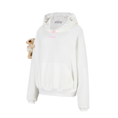 13DE MARZO Lace-Brim Pullover Hoodie White