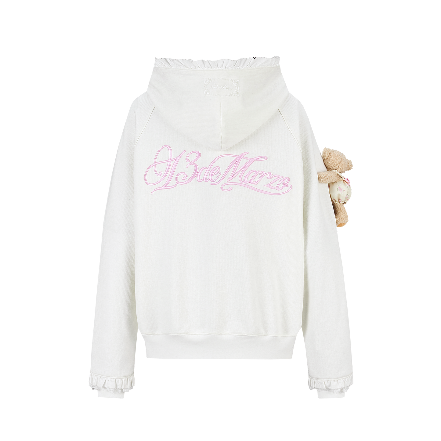 13DE MARZO Lace-Brim Pullover Hoodie White