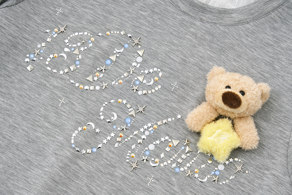 13DE MARZO Luminous Bear Star Lace T-shirt Grey