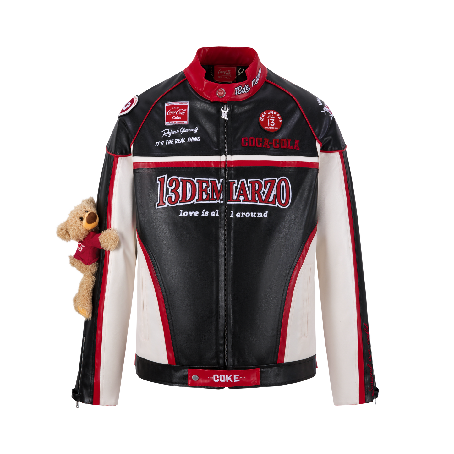 13DE MARZO Coca-Cola Bear Racing Leather Jacket