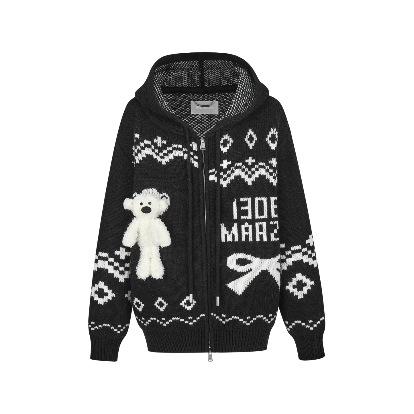 13DE MARZO Fair Isle Bear Zip Knit Hoodie