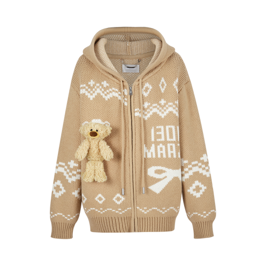 13DE MARZO Fair Isle Bear Zip Knit Hoodie