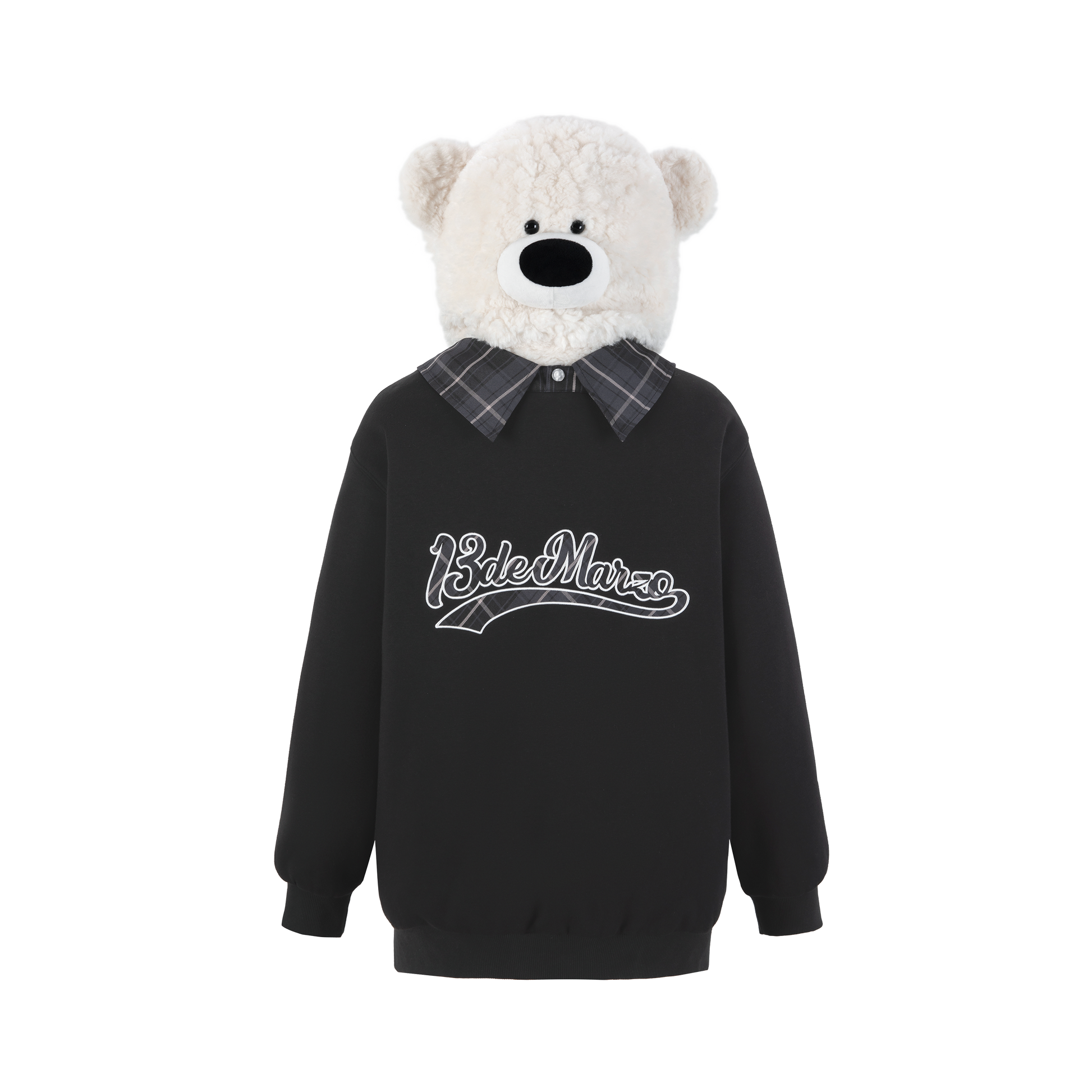 くま3 13DE MARZO Bear Zip Fuzzy Hoodie - White & Dark Grey くま3 13DE MARZO Bear Zip Fuzzy Hoodie - White & Dark Grey