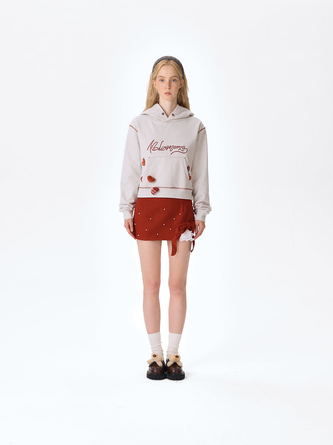 13DE MARZO Heart Bear Pocket Hoodie Grey