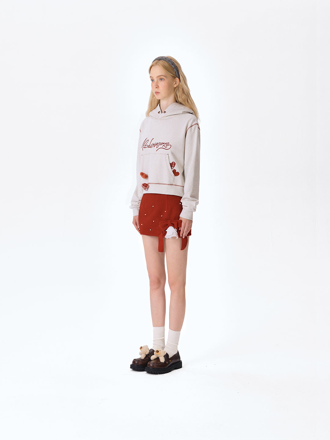 13DE MARZO Heart Bear Pocket Hoodie Grey