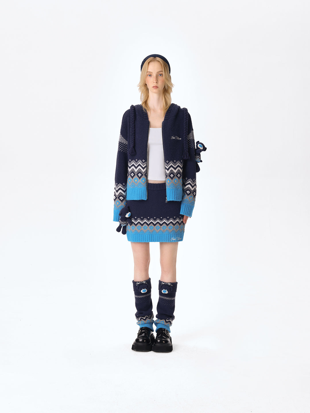 13DE MARZO Fair Isle Bear Cardigan Navy Blue - 13DE MARZO