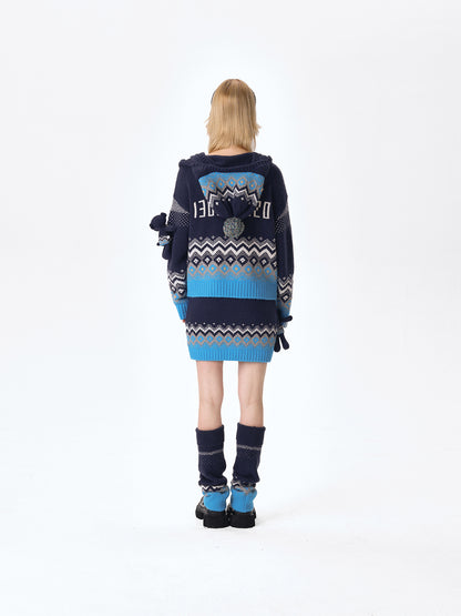 13DE MARZO Fair Isle Bear Cardigan Navy Blue - 13DE MARZO