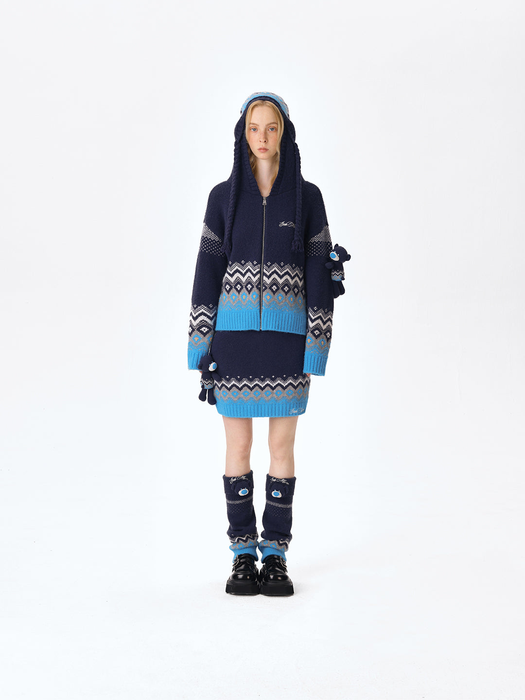 13DE MARZO Fair Isle Bear Cardigan Navy Blue - 13DE MARZO