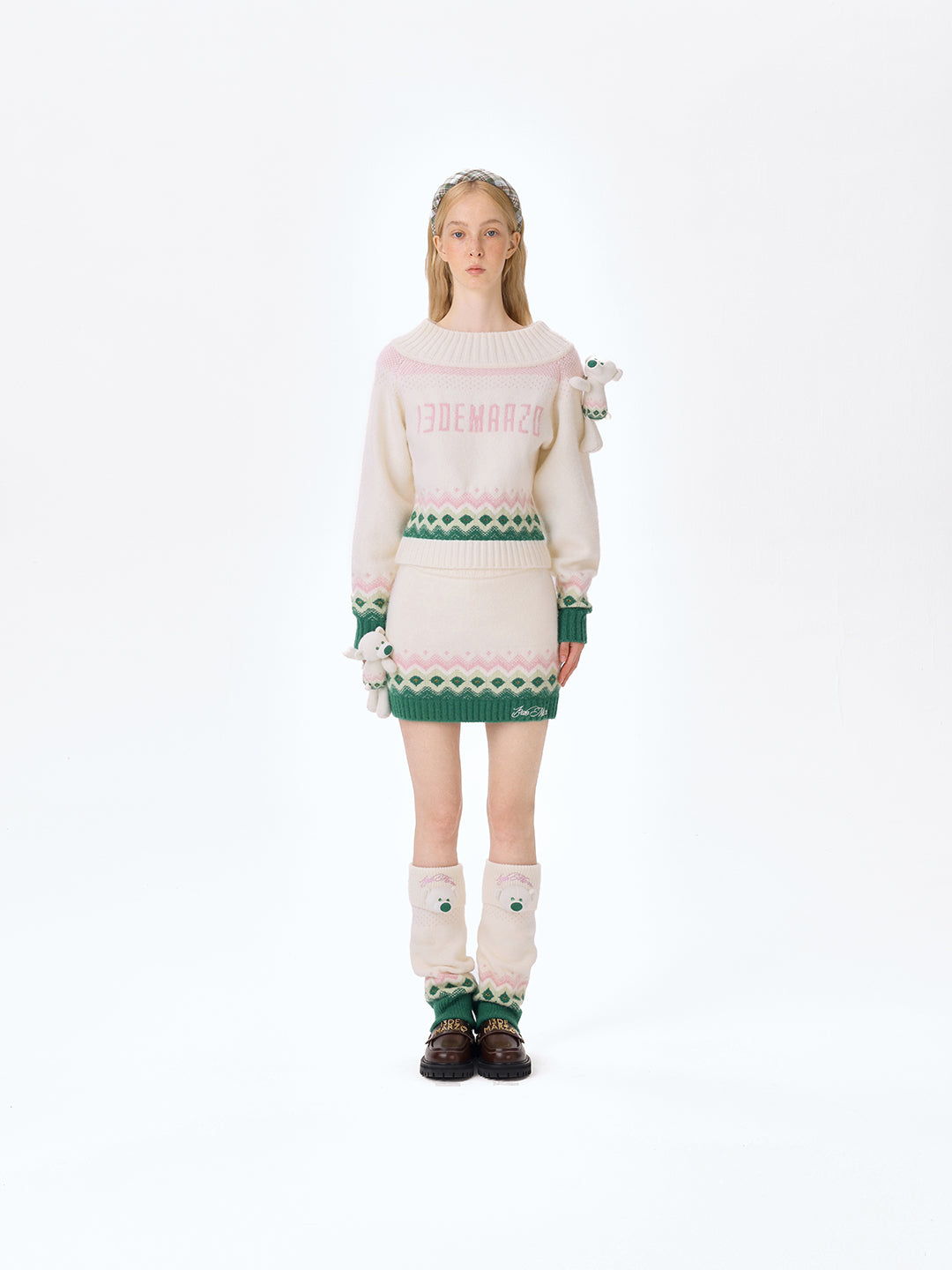 13DE MARZO Fair Isle Bear Off Shoulder Sweater Beige - 13DE MARZO