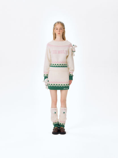 13DE MARZO Fair Isle Bear Off Shoulder Sweater Beige - 13DE MARZO