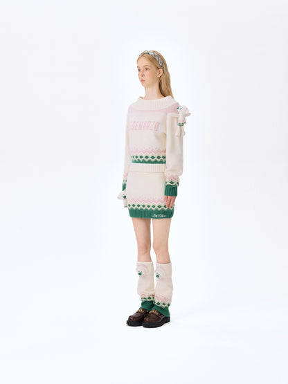 13DE MARZO Fair Isle Bear Off Shoulder Sweater Beige - 13DE MARZO