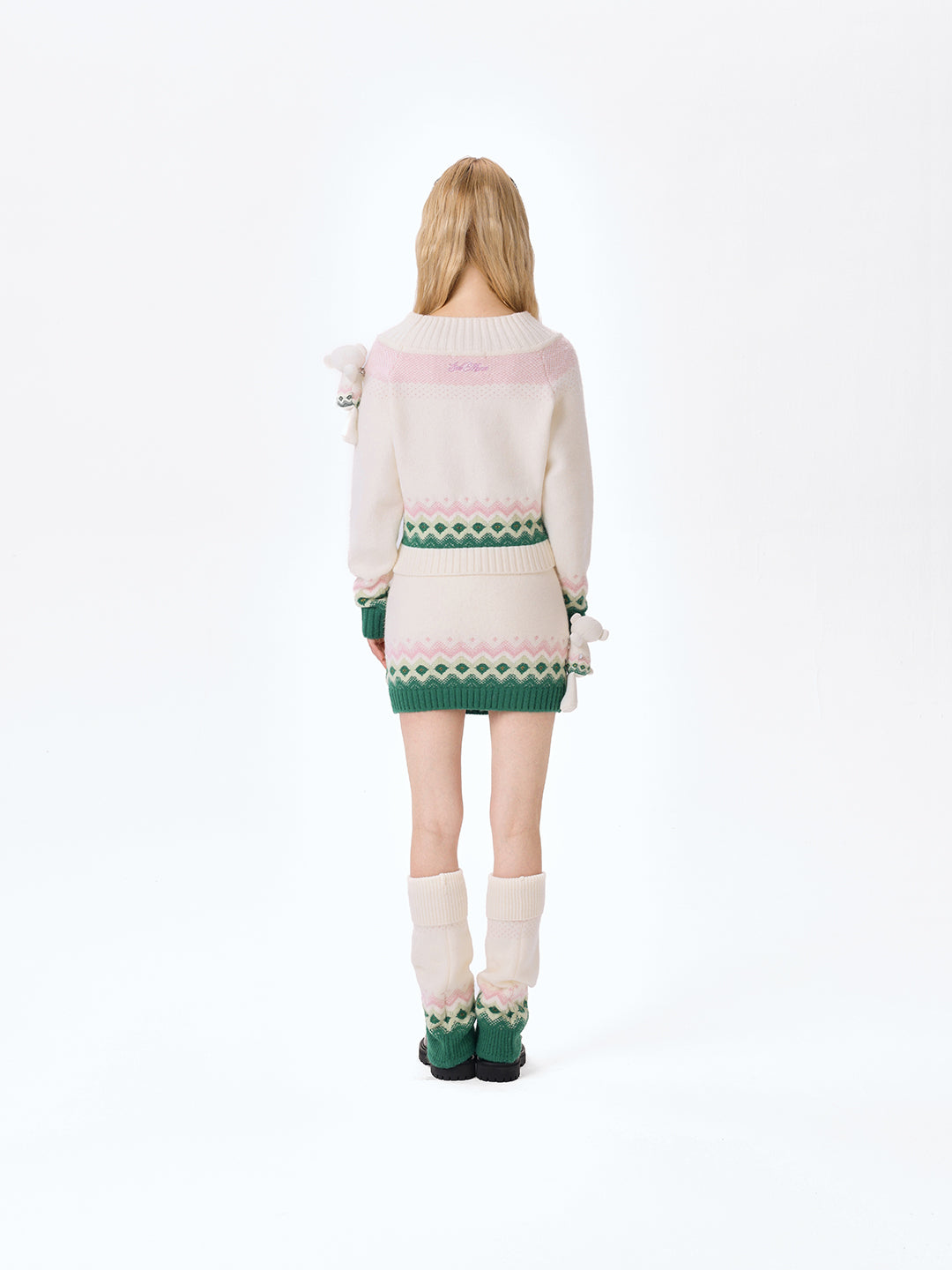 13DE MARZO Fair Isle Bear Off Shoulder Sweater Beige - 13DE MARZO