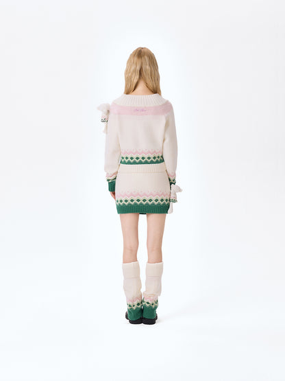 13DE MARZO Fair Isle Bear Off Shoulder Sweater Beige - 13DE MARZO