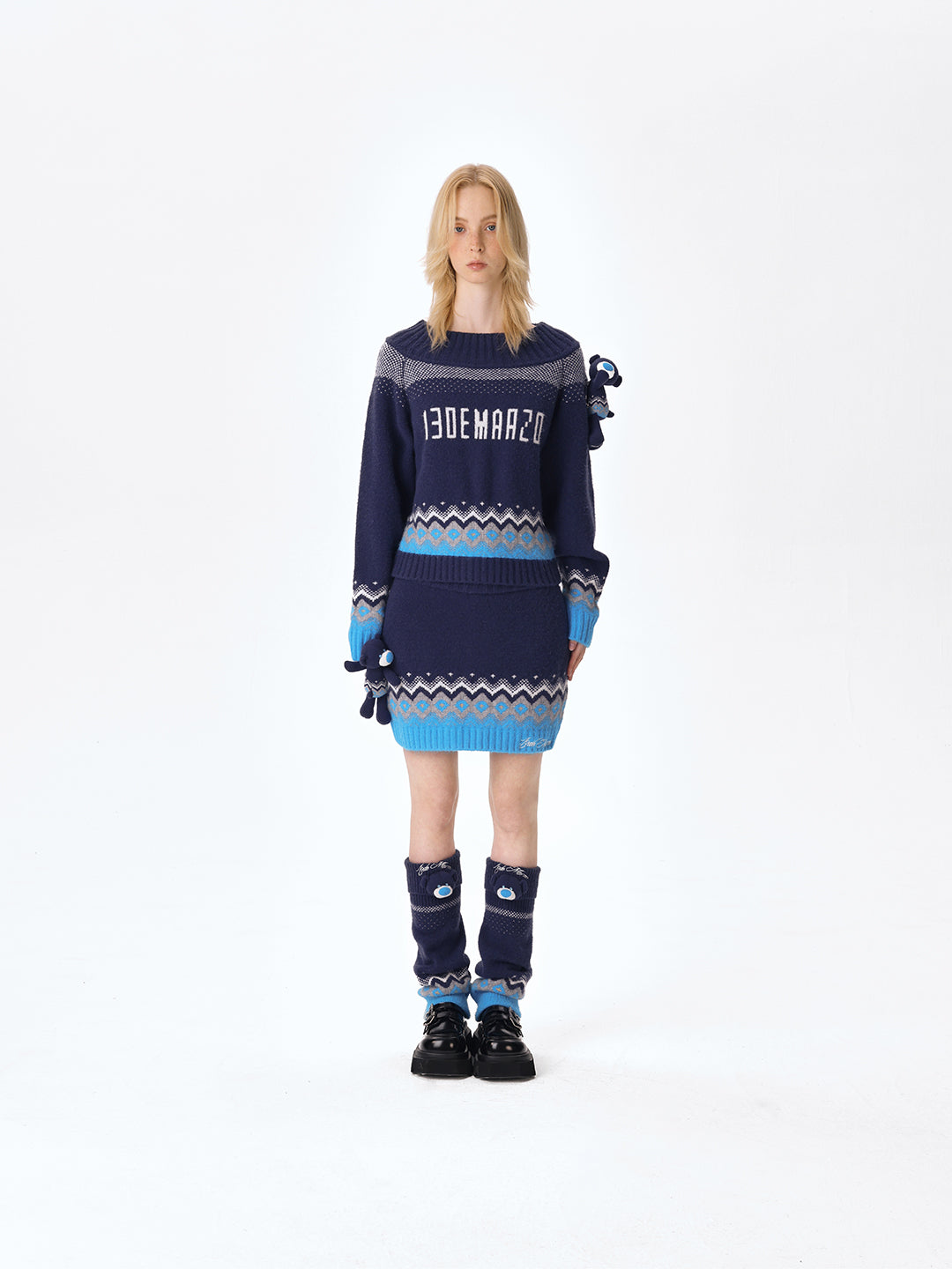 13DE MARZO Fair Isle Bear Off Shoulder Sweater Navy Blue - 13DE MARZO