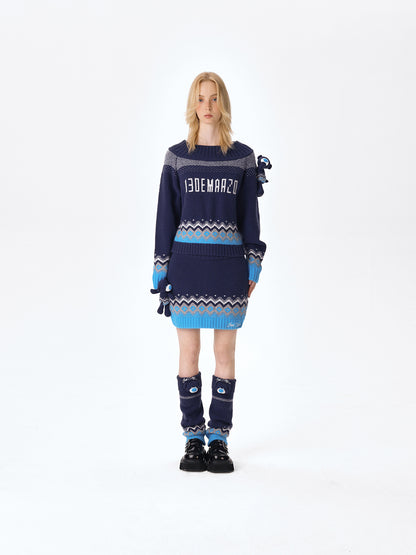 13DE MARZO Fair Isle Bear Off Shoulder Sweater Navy Blue - 13DE MARZO