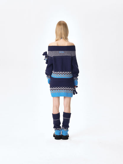 13DE MARZO Fair Isle Bear Off Shoulder Sweater Navy Blue - 13DE MARZO