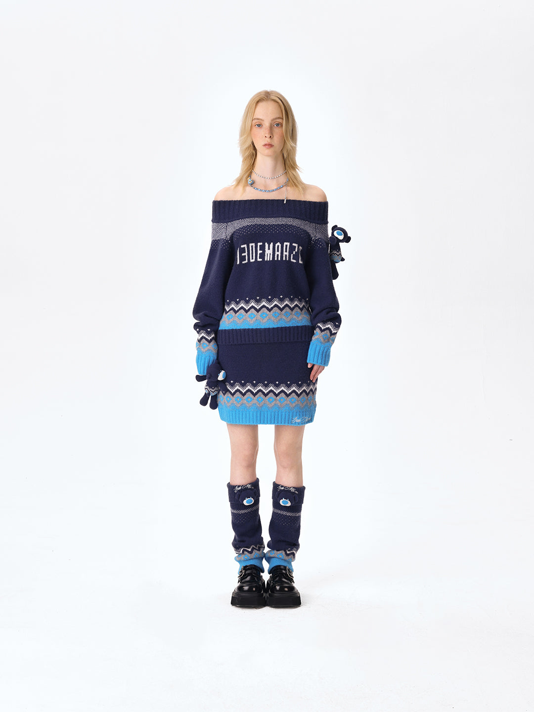 13DE MARZO Fair Isle Bear Off Shoulder Sweater Navy Blue - 13DE MARZO