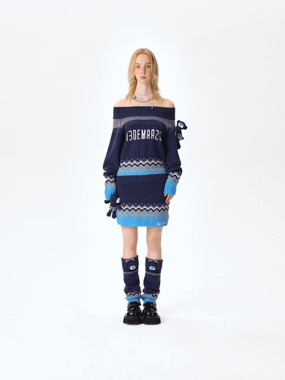 13DE MARZO Fair Isle Bear Off Shoulder Sweater Navy Blue - 13DE MARZO
