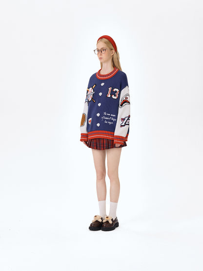13DE MARZO Pixel Bear Baseball Sweater Blue - 13DE MARZO
