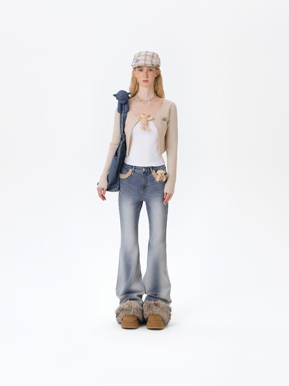 13DE MARZO Bear Vintage Fur Bell Bottom Jeans Blue - 13DE MARZO