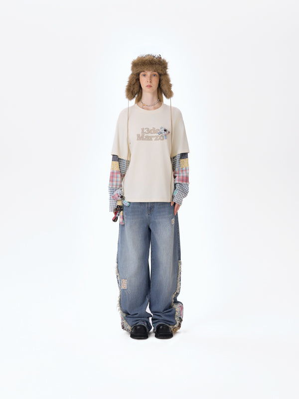 13DE MARZO Bear Plaid Sleeve T-shirt - 13DE MARZO