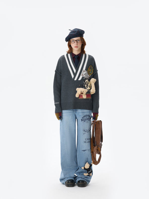 Harry Potter × 13DE MARZO Platform 9¾ Bear V-neck Sweater - 13DE MARZO