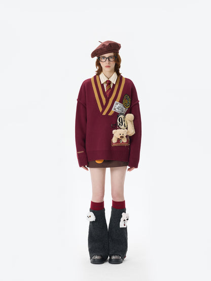 Harry Potter × 13DE MARZO Platform 9¾ Bear V-neck Sweater - 13DE MARZO