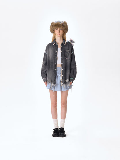13DE MARZO Bear Plaid Line Denim Jacket - 13DE MARZO
