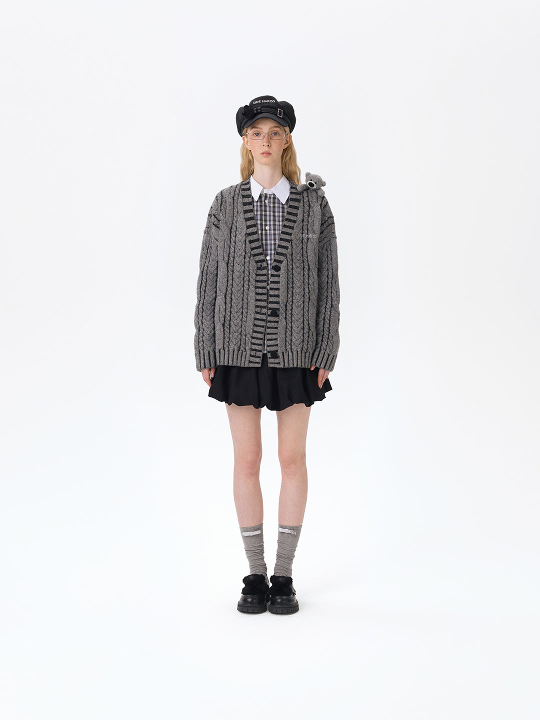 13DE MARZO Bear Yarn Weave Cardigan Dark Grey - 13DE MARZO