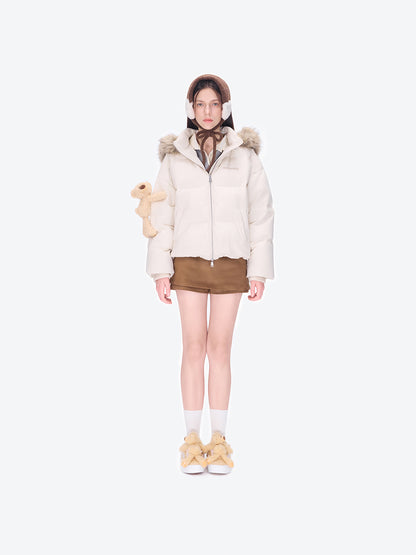 13DE MARZO Bear Fuzzy Hood Down Jacket Almond - 13DE MARZO