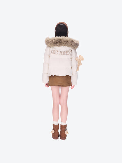 13DE MARZO Bear Fuzzy Hood Down Jacket Almond - 13DE MARZO