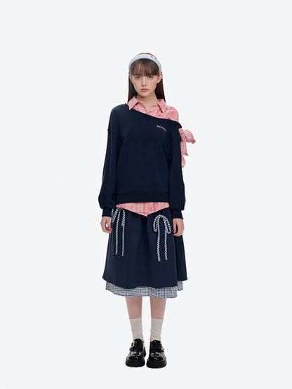 13DE MARZO Splicing Shirt Asymmetrical Shoulder Sweater - 13DE MARZO