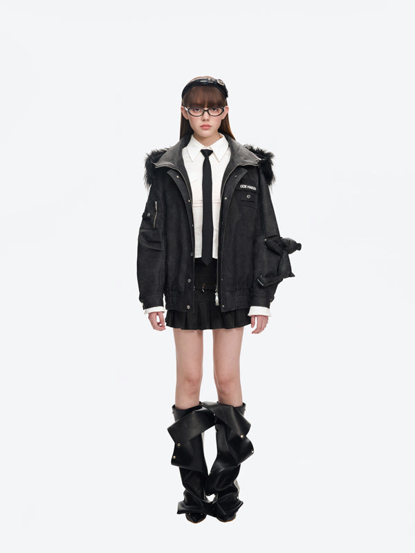 13DE MARZO Doozoo Detachable Fur Collar Leather Jacket - 13DE MARZO