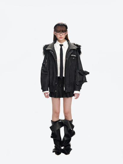 13DE MARZO Doozoo Detachable Fur Collar Leather Jacket - 13DE MARZO