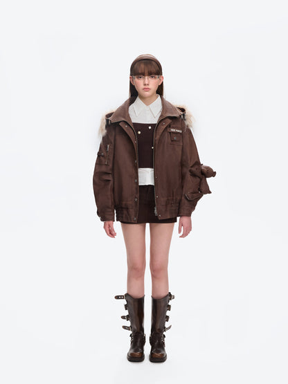 13DE MARZO Doozoo Detachable Fur Collar Leather Jacket - 13DE MARZO