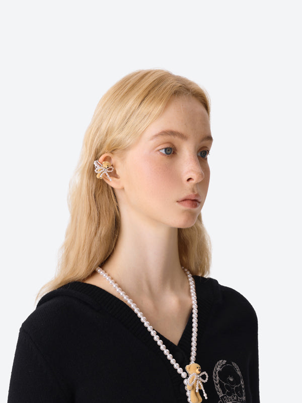 13DE MARZO Bear Pearl Bow Zircon Ear Clip - 13DE MARZO