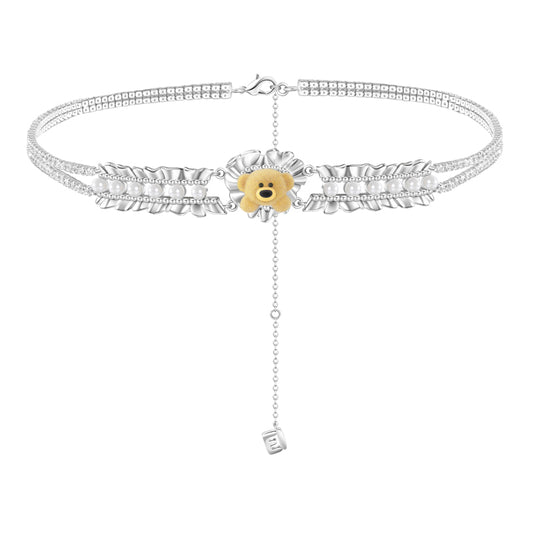 13DE MARZO Bear Pearl Bow Zircon Necklace - 13DE MARZO