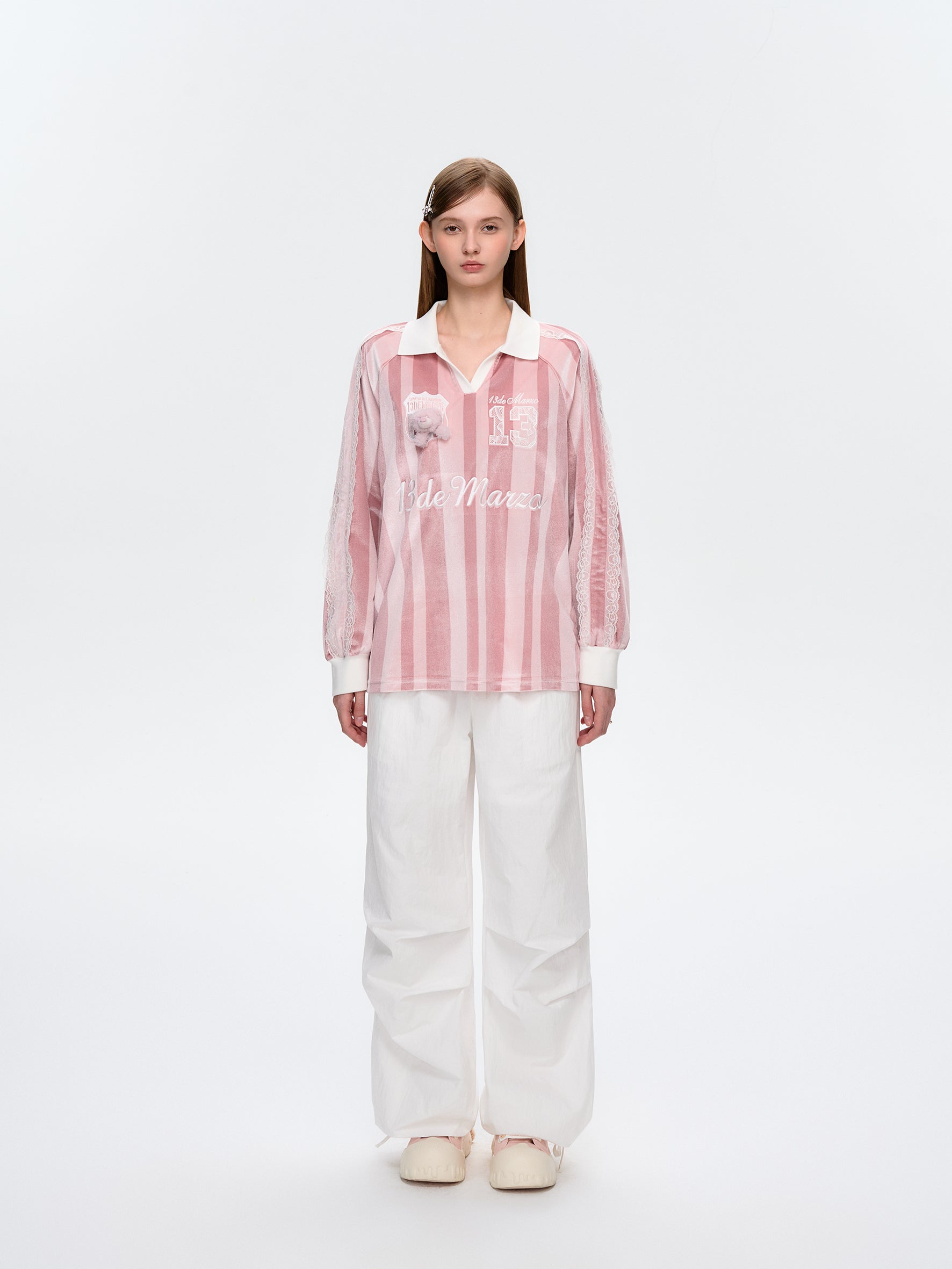 13DE MARZO Lace Panel Jersey with Printed Stripes and Velvet Shine