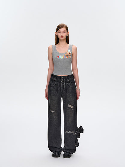 13DE MARZO Silver Foil Denim Pants - 13DE MARZO