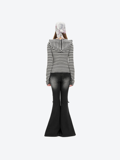 13DE MARZO Striped Bear Embossed Fitted Long Sleeve Grey - 13DE MARZO