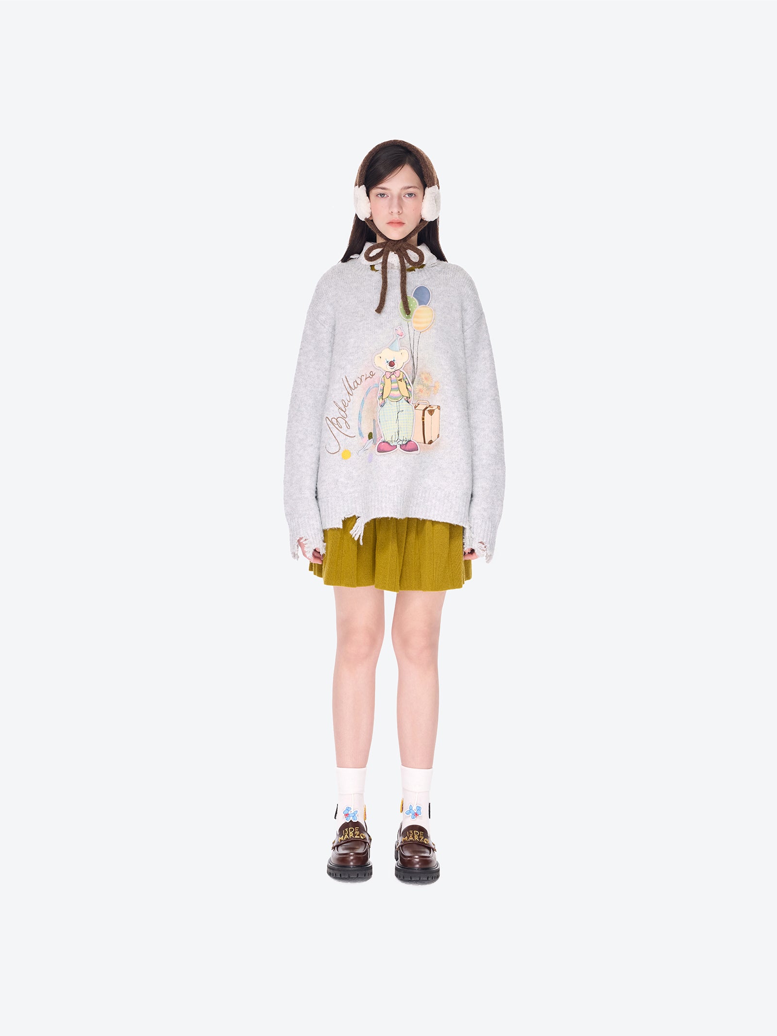 13DE MARZO Birthday Clown Bear Illustration Sweater Grey - 13DE MARZO