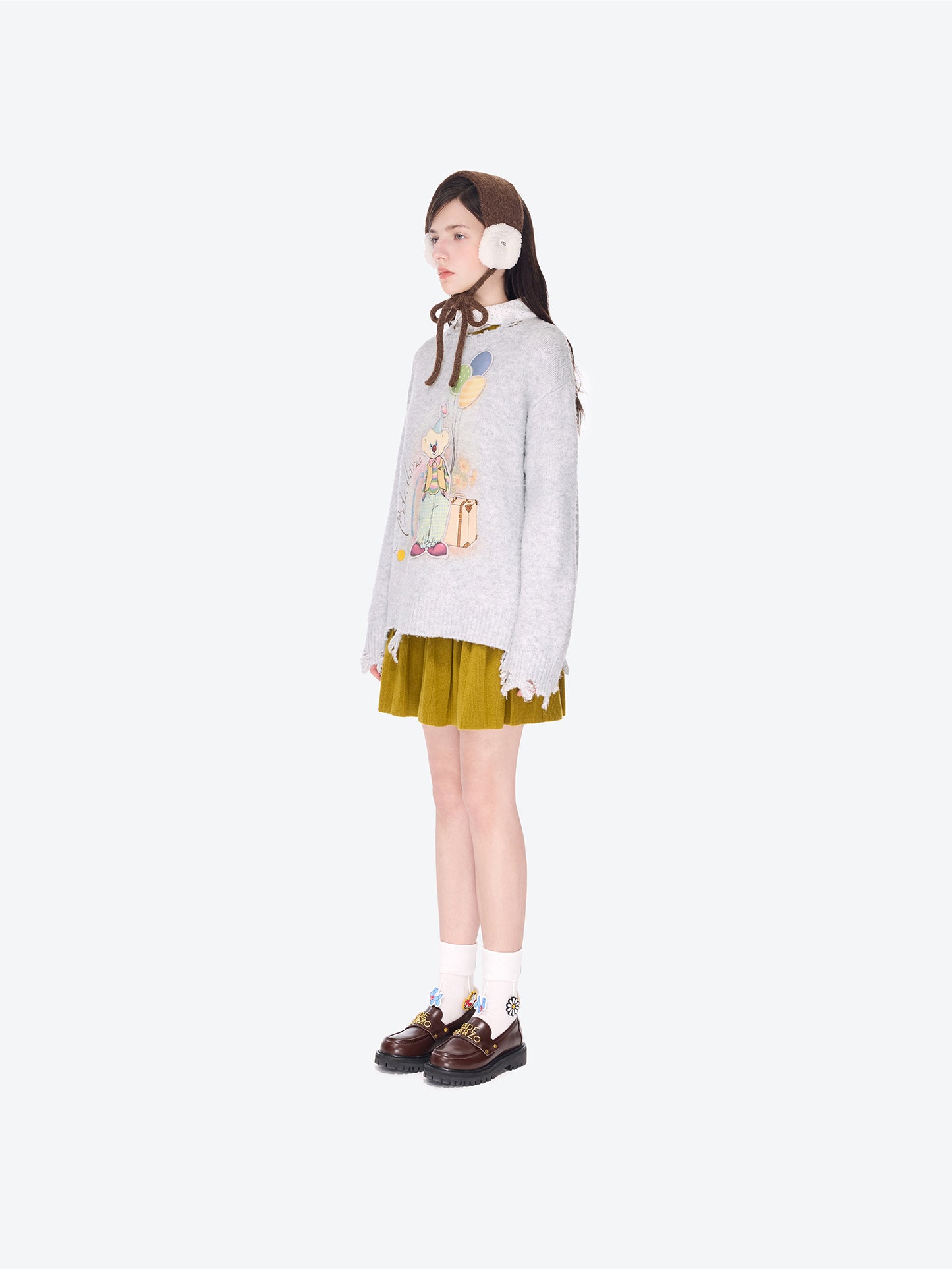 13DE MARZO Birthday Clown Bear Illustration Sweater Grey - 13DE MARZO