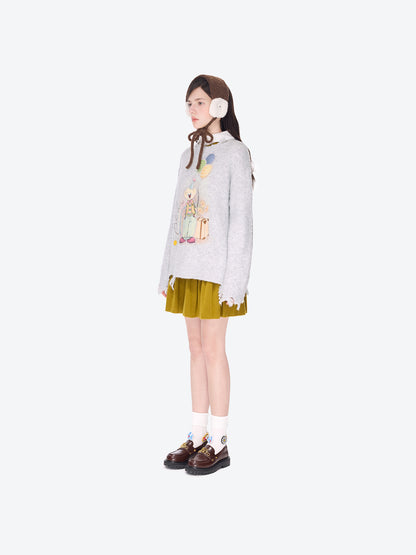 13DE MARZO Birthday Clown Bear Illustration Sweater Grey - 13DE MARZO