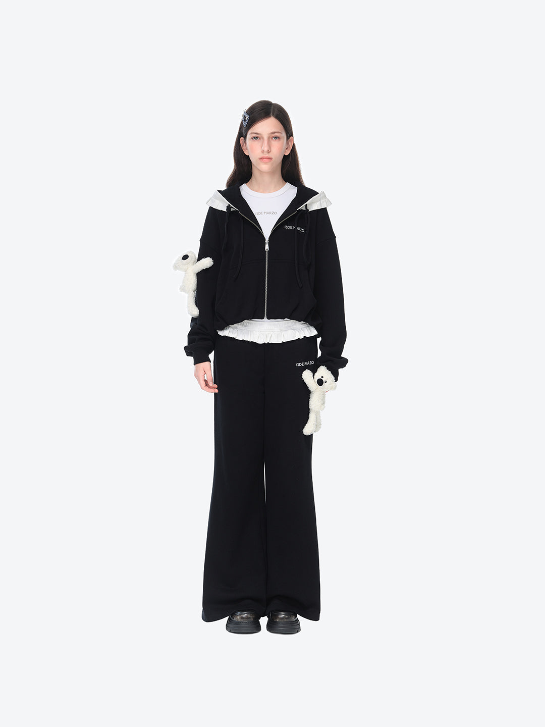 13DE MARZO Lace Edge Zip Hoodie Black