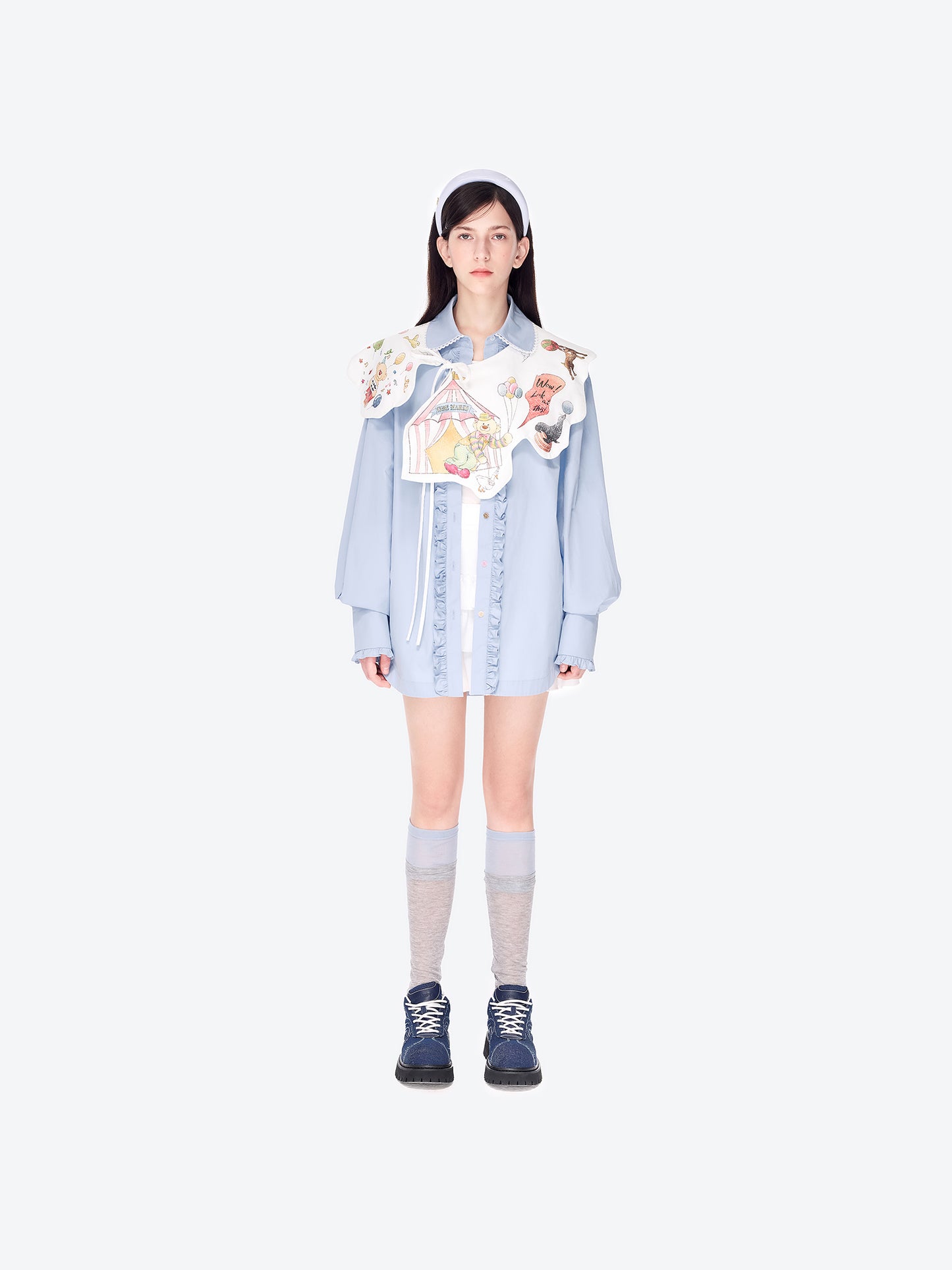 13DE MARZO Detachable CapeCircus Print Shirt Blue - 13DE MARZO