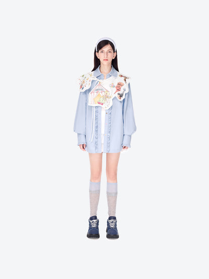 13DE MARZO Detachable CapeCircus Print Shirt Blue - 13DE MARZO