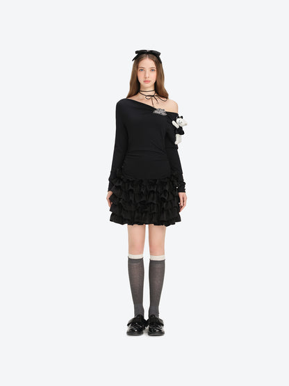 13DE MARZO Off-Shoulder Tiered Dress Black - 13DE MARZO