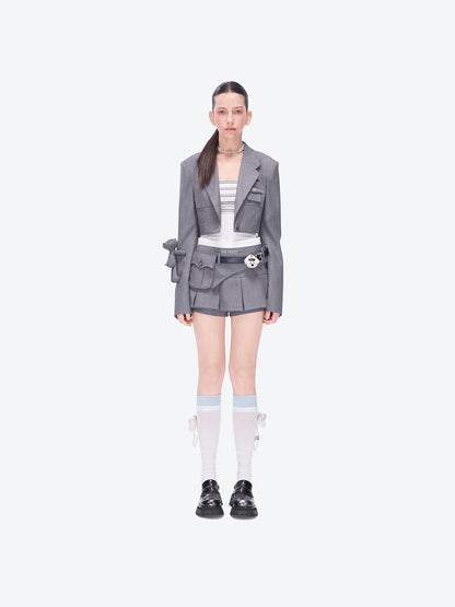 13DE MARZO Pocket Blazer Pleated Skirt Grey