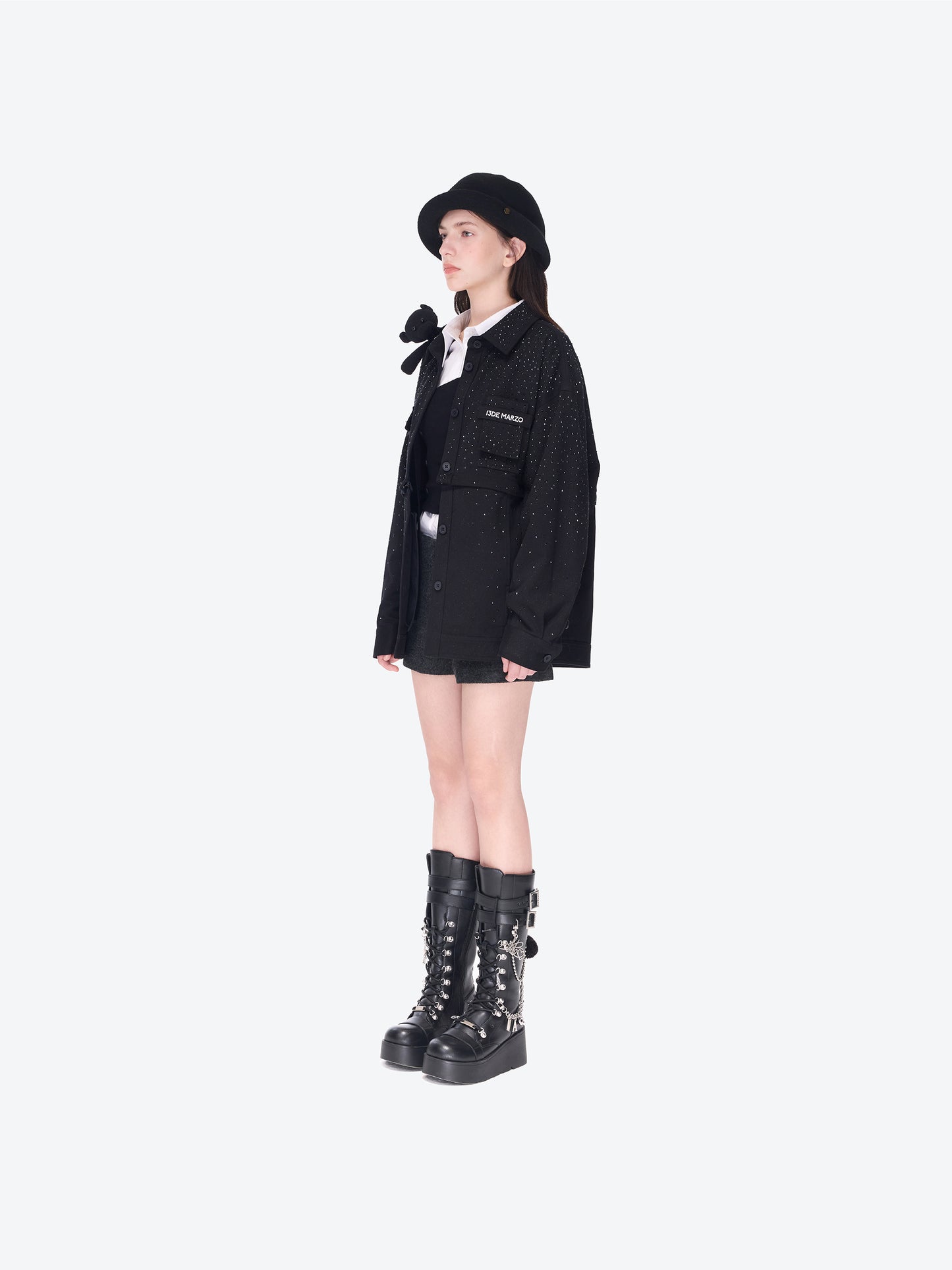 13DE MARZO All-Over Faux Rhinestone Shirt Jacket Black - 13DE MARZO