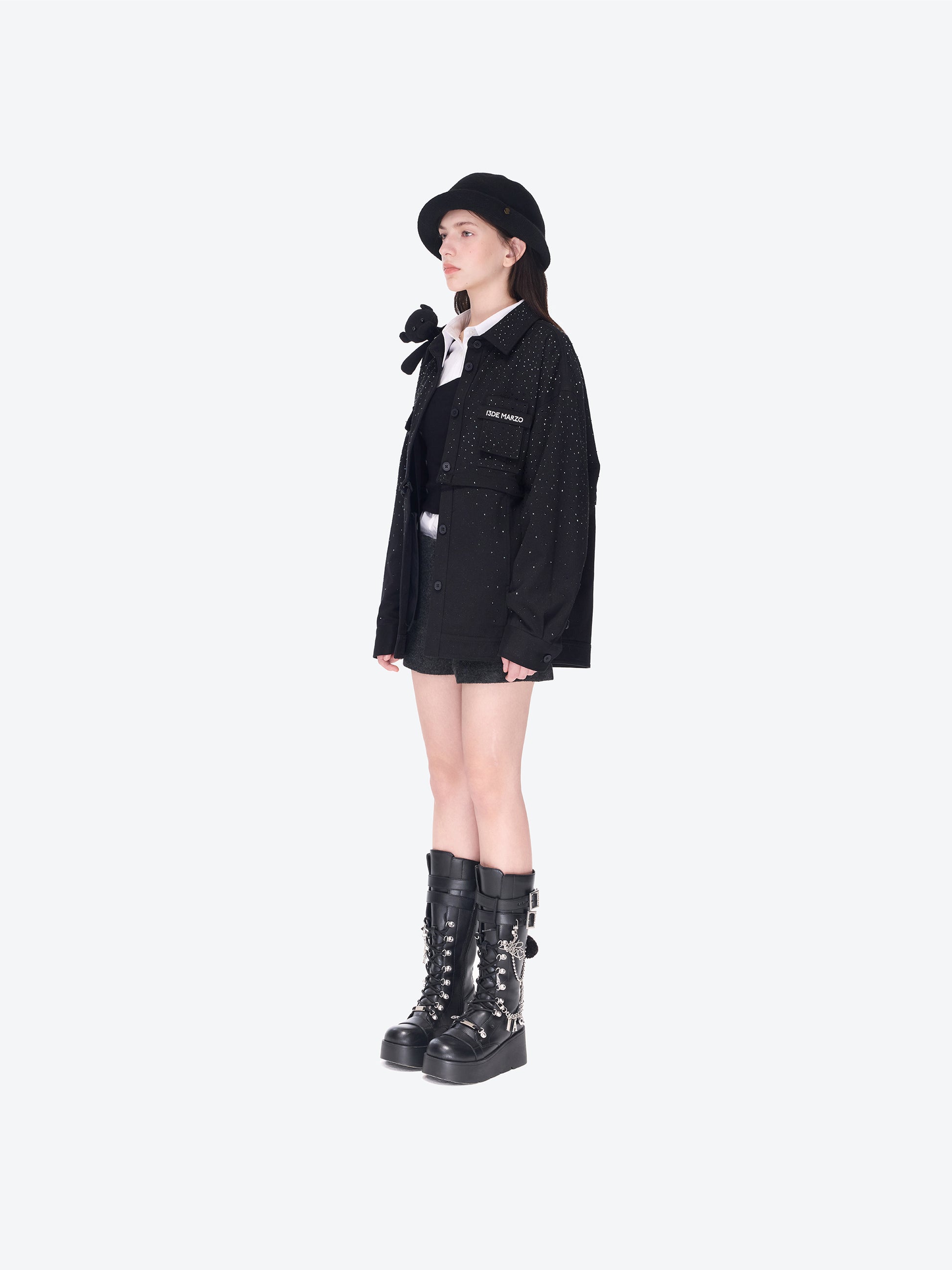 13DE MARZO All-Over Faux Rhinestone Shirt Jacket Black - 13DE MARZO